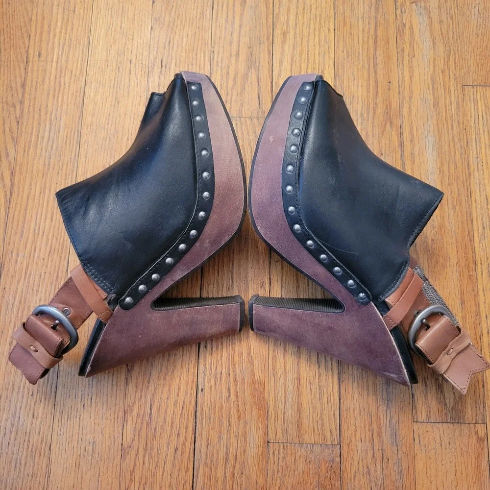 Dani‎ Black 9.5 Platform Clog Heels Black Studded Leather Slingback Peep Toe